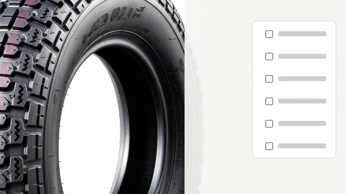 Motorcycle tyre sidewall and an unlabeled specification checklist