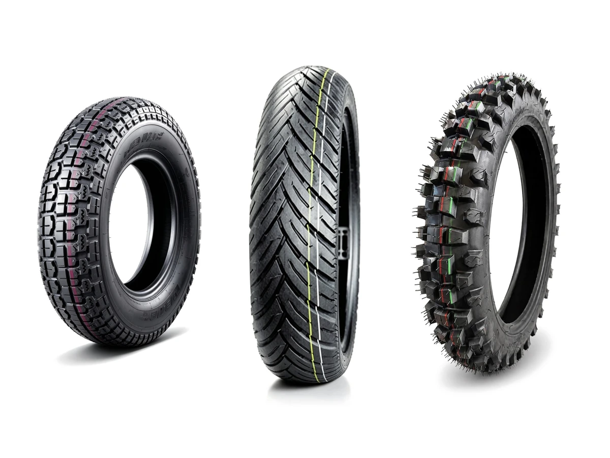 ZENYARE motorcycle tyres showing road, dual-sport and off-road tread patterns
